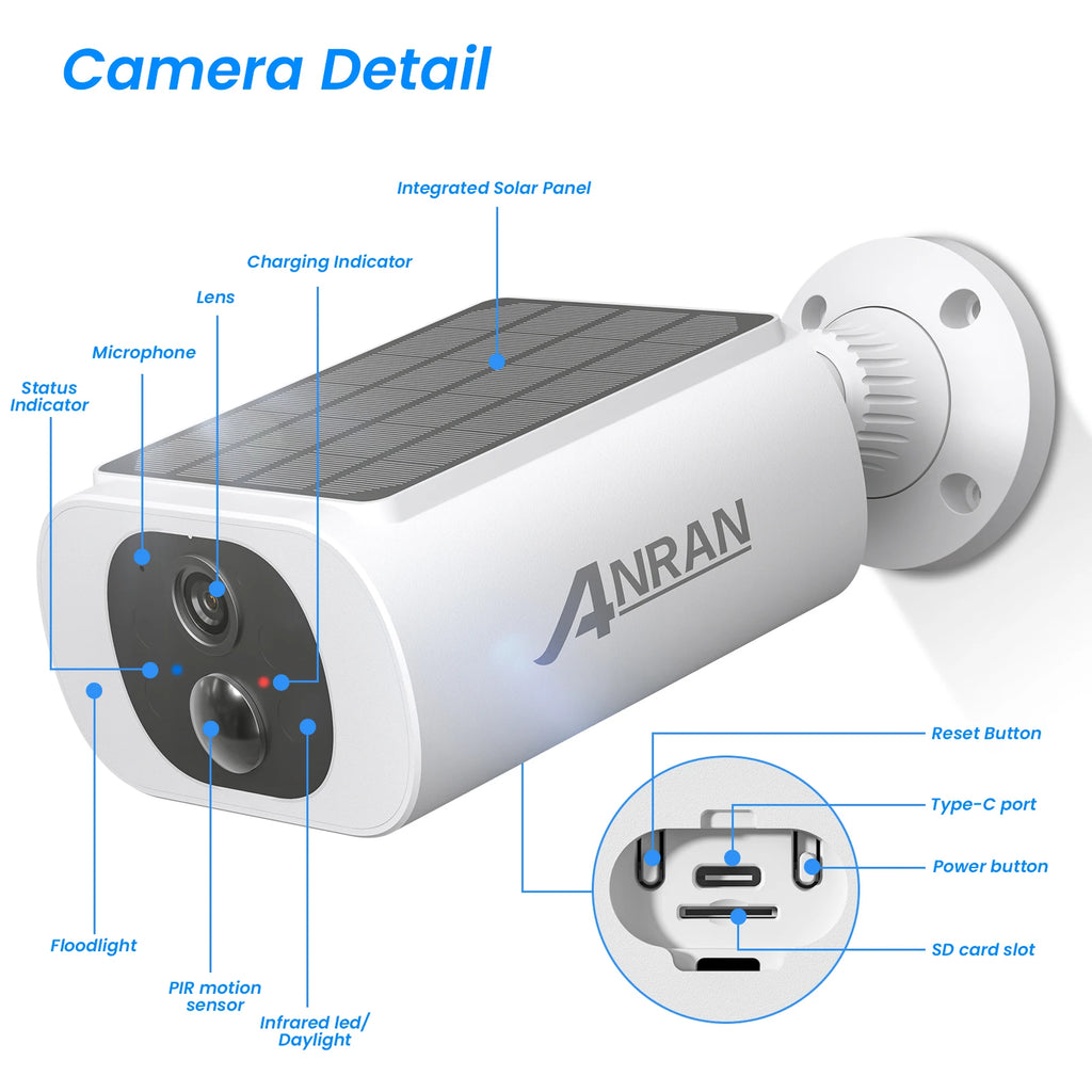 ANRAN 2K Solar Camera Built-in Battery 3MP 2.4G WIFI Security Camera Flood lights Free Basic Cloud Storage Color Night Vision
