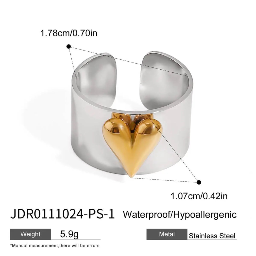 European and American stainless steel gold and silver color-matched fashionable heart-shaped opening rings, personalized titaniu