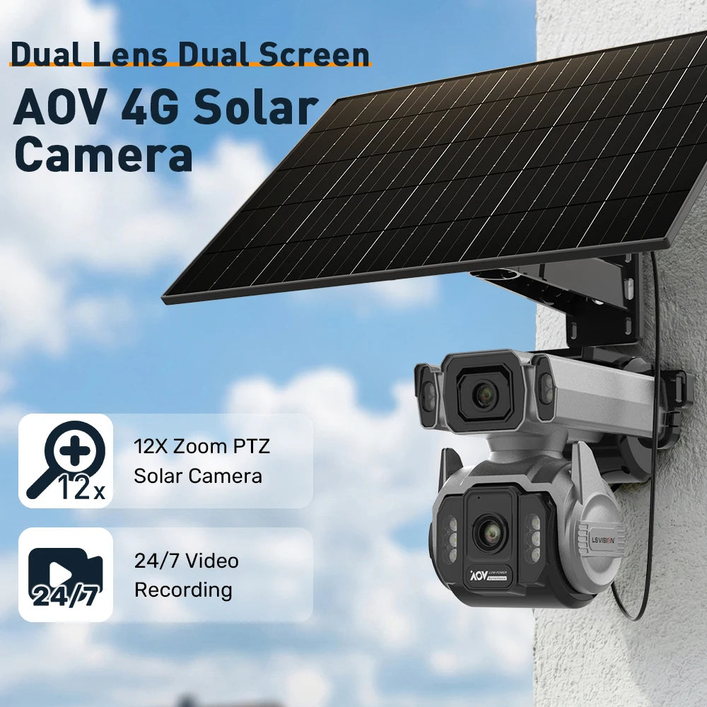 LS VISION Outdoor Surveillance Solar Camera 4g 12X Optical Zoom Cctv Home Cam With 24/7 Video Recording Dual Screen AOV Tracking