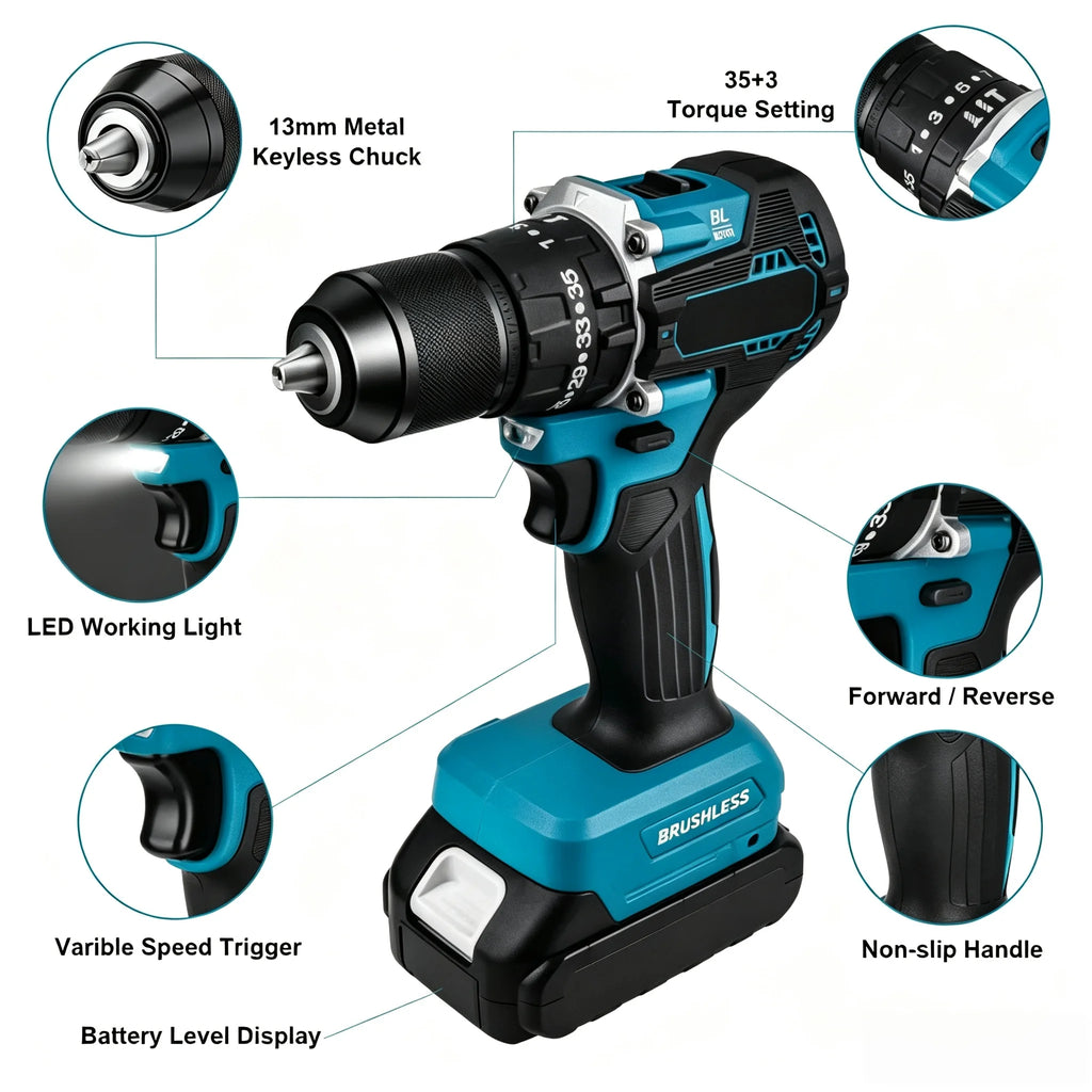18V Brushless Cordless Drill Driver, Multifunctional High Torque Electric Screwdriver Power Tool Portable Handheld Equipment For Home DIY Compatible For Makita 18V LXT Lithium Battery
