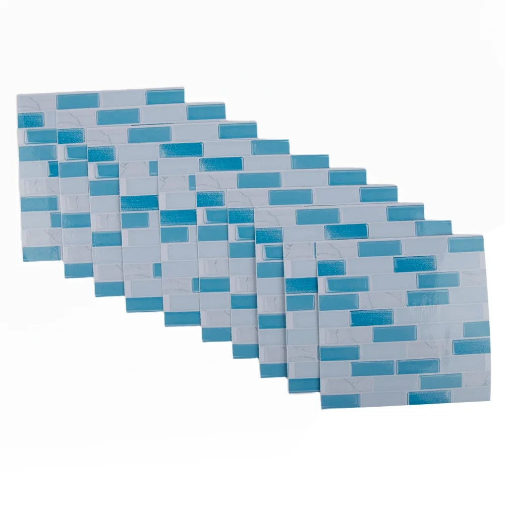 Set of 3D mosaic tile wall stickers, blue and white brick pattern on white backing