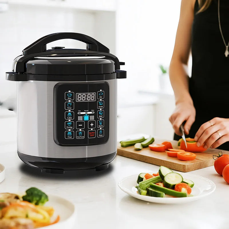 Electric pressure cooker on kitchen counter with digital controls, beside sliced vegetables