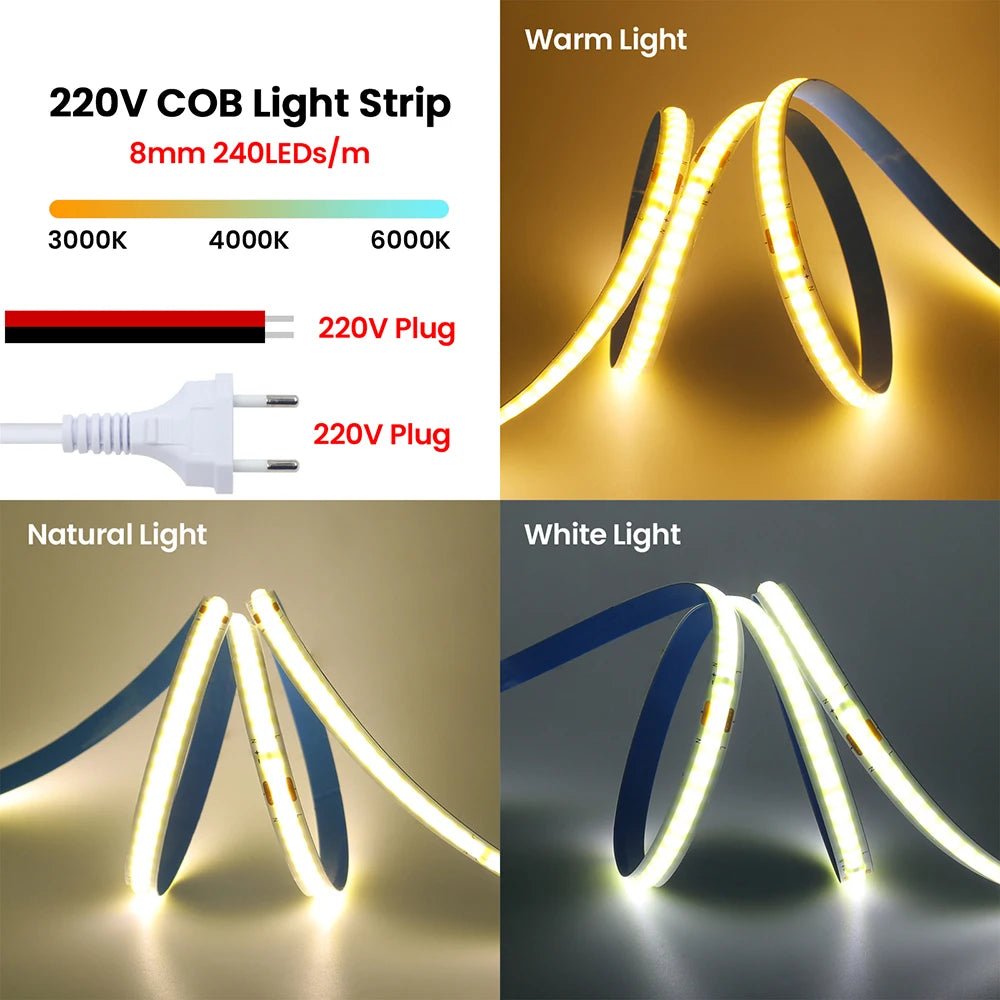 COB LED Strip Light Power Kit 220V 110V AC 3000K 4000K 6000K 2pin 240LEDs/m with IC Driver IP20 8mm PCB Dimmable Linear Lighting