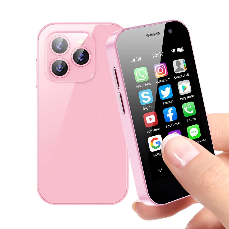 Pink mini smartphone with triple rear cameras and front display, held in hand
