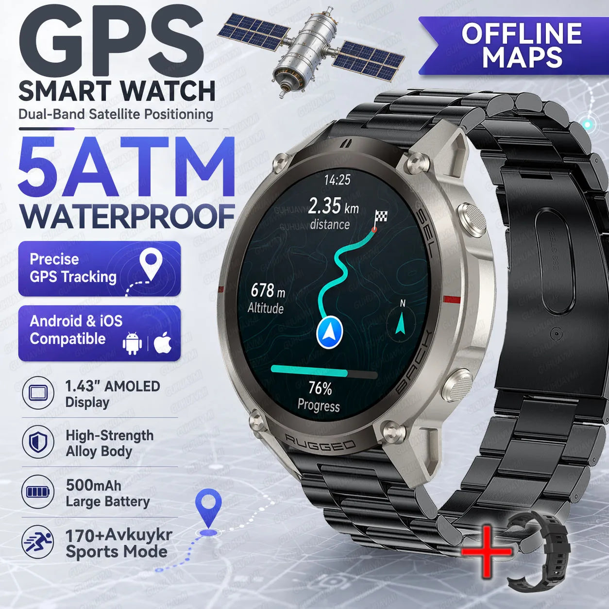 Round GPS smartwatch with black metal bracelet and silver case; blue AMOLED map screen.