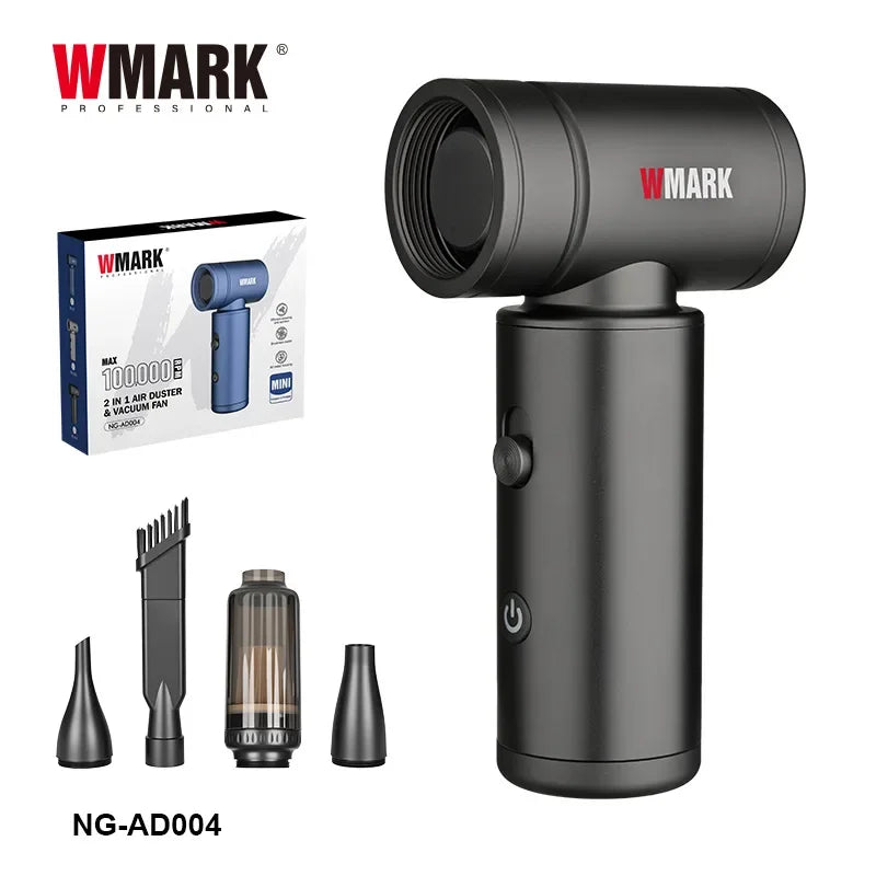 WMARK NG-AD004 black portable 100k RPM handheld vacuum and air duster with multiple nozzle attachments for grooming.