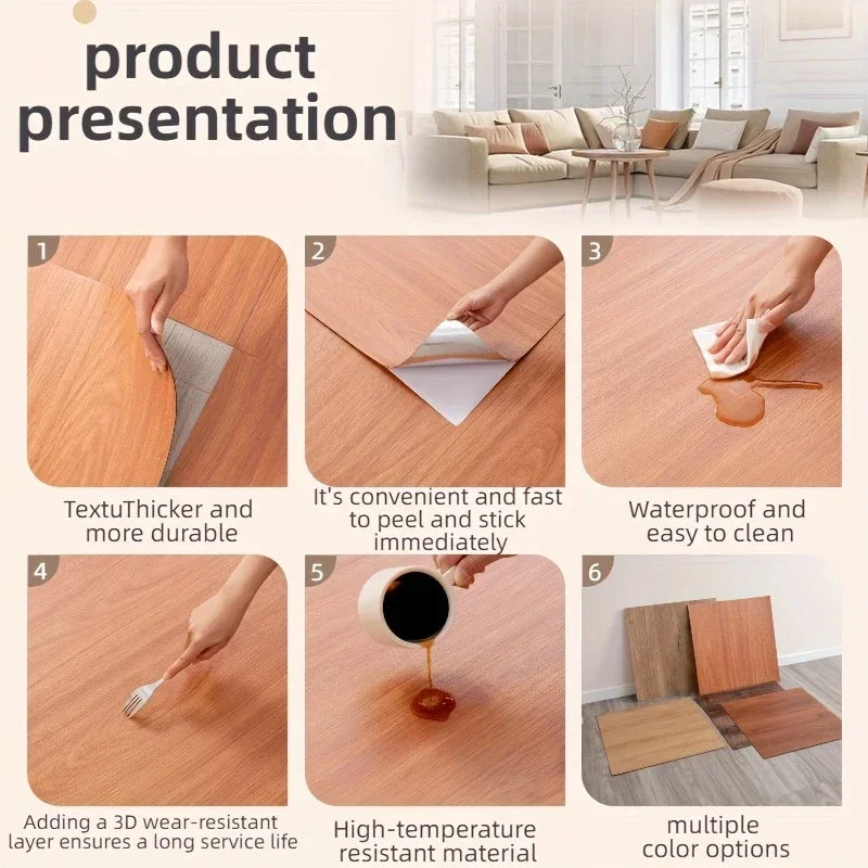 Self-adhesive Vinyl Floor Tiles Wood Grain Design Waterproof  Wear-resistant Wall Tiles for Bedrooms Kitchens Living Room Decor