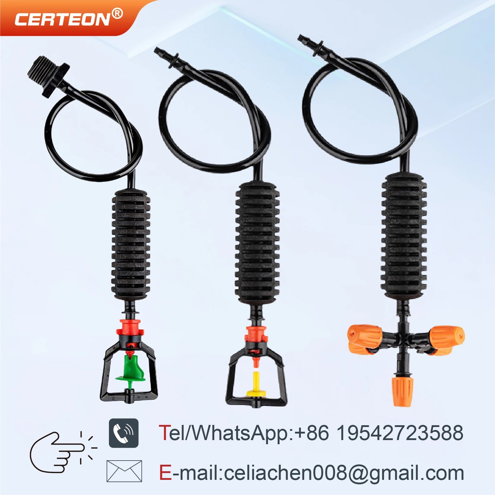 Inverted micro-sprinkler set with three nozzles, black stakes, and orange outlet