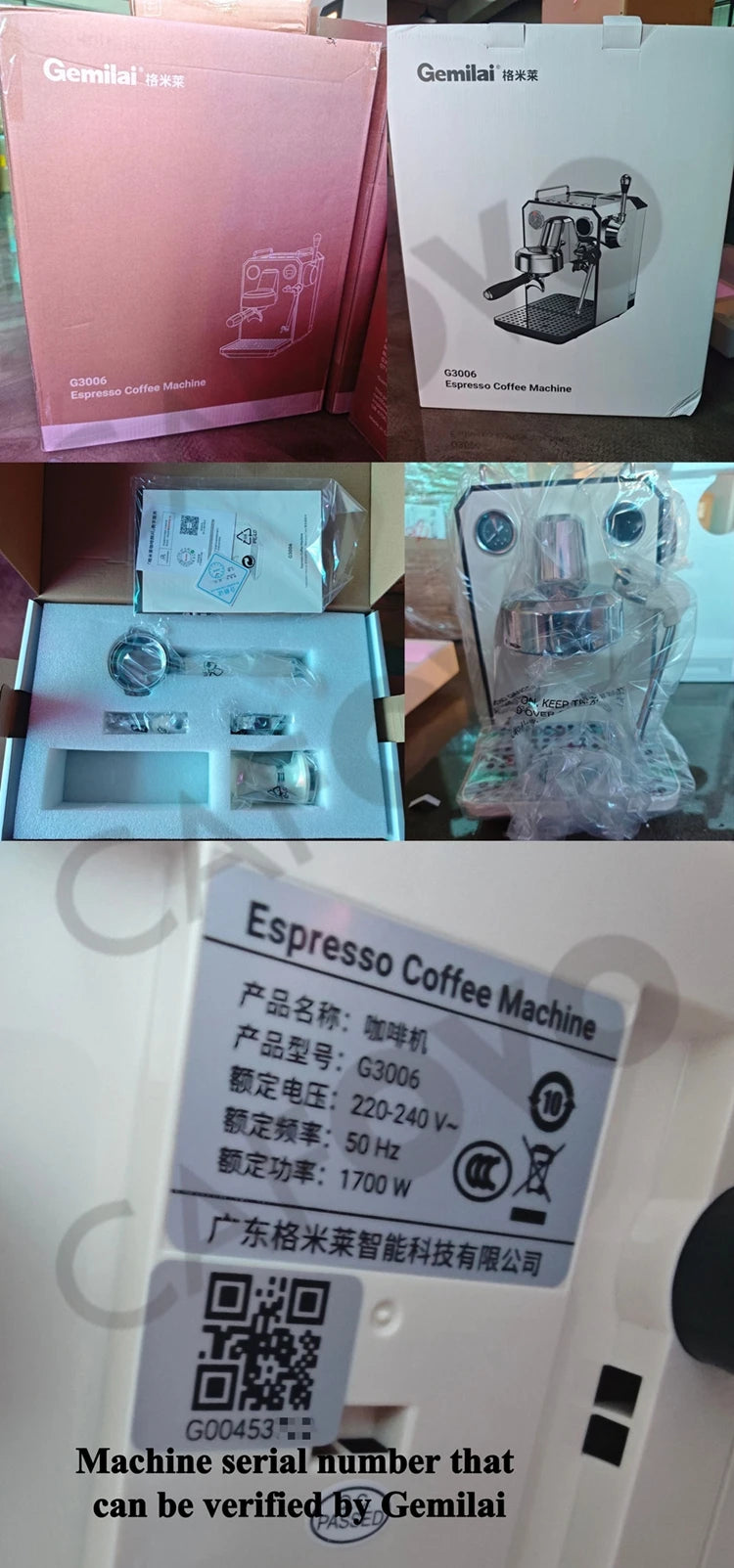 Gemilai G3006 stainless steel espresso coffee machine in box with accessories, showing product label and serial code.