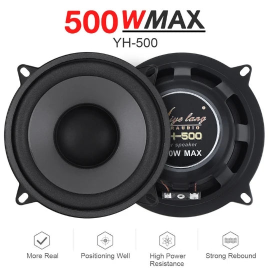 500W MAX 2-way car speaker pair with woofer cones and mounting holes