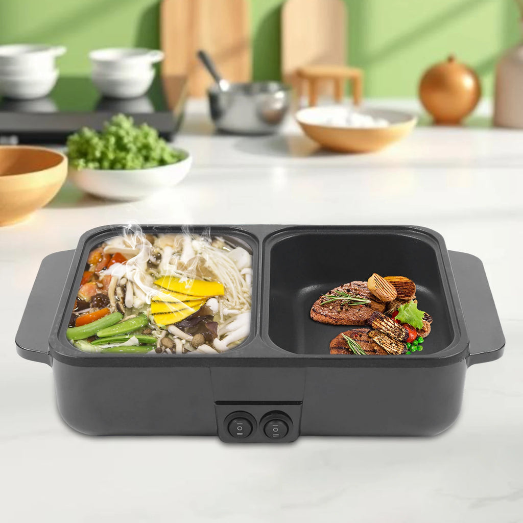 Black 2-in-1 electric hot pot and grill with dual nonstick compartments of cooked food