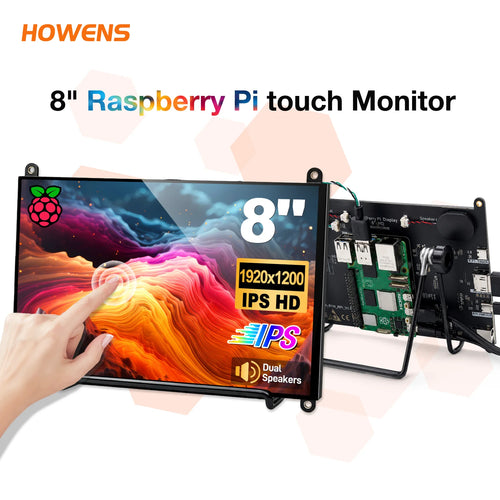 8-inch Raspberry Pi IPS touch monitor with 1920x1200 resolution, dual speakers, and exposed circuit board back panel.