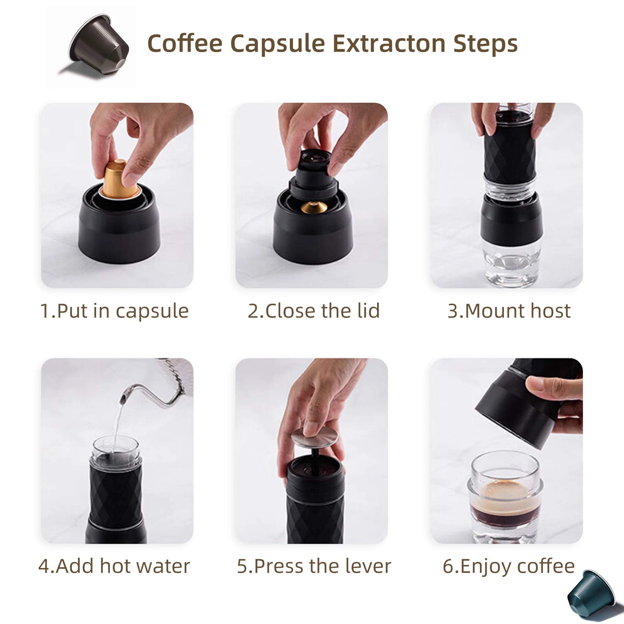 Portable manual coffee maker steps: black handheld espresso press using Nespresso capsules with glass water tank.