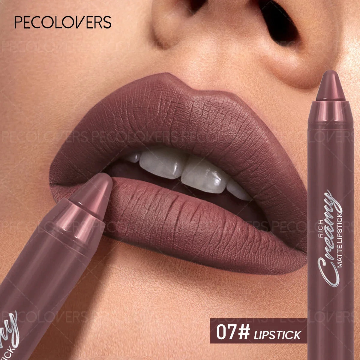 Soft matte mauve lip crayon pencil applying long-lasting moisturizing creamy lipstick for everyday makeup look.