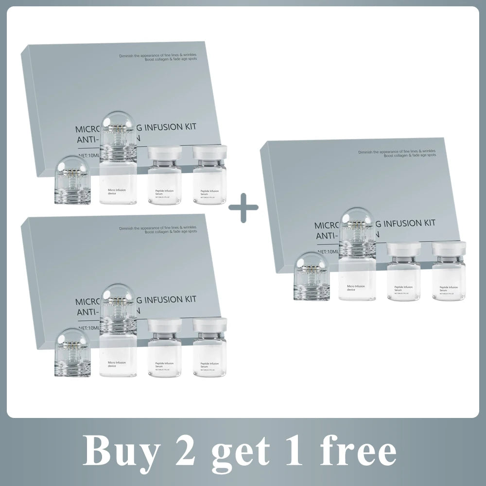 Three micro-infusion anti-aging kits, each with a clear device and two serum vials in a grey box for skin treatment.