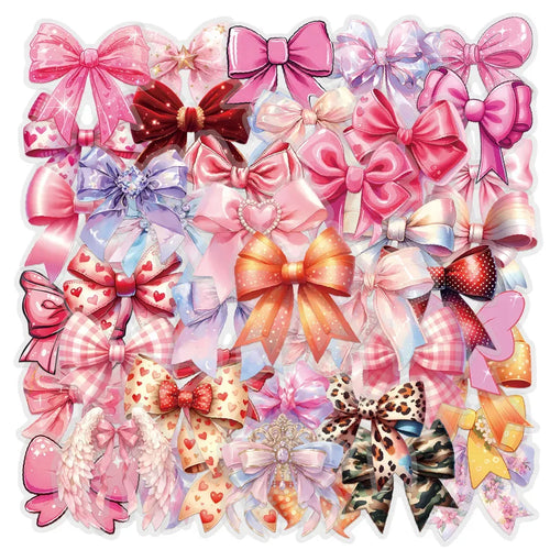 Colorful bow sticker pack with glittery ribbons, hearts, and plaid bows