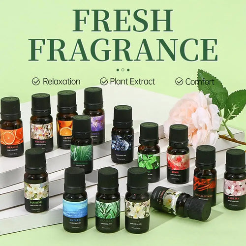 Amber essential oil bottles in various floral and fruit scents for aromatherapy, relaxation, and wellness.