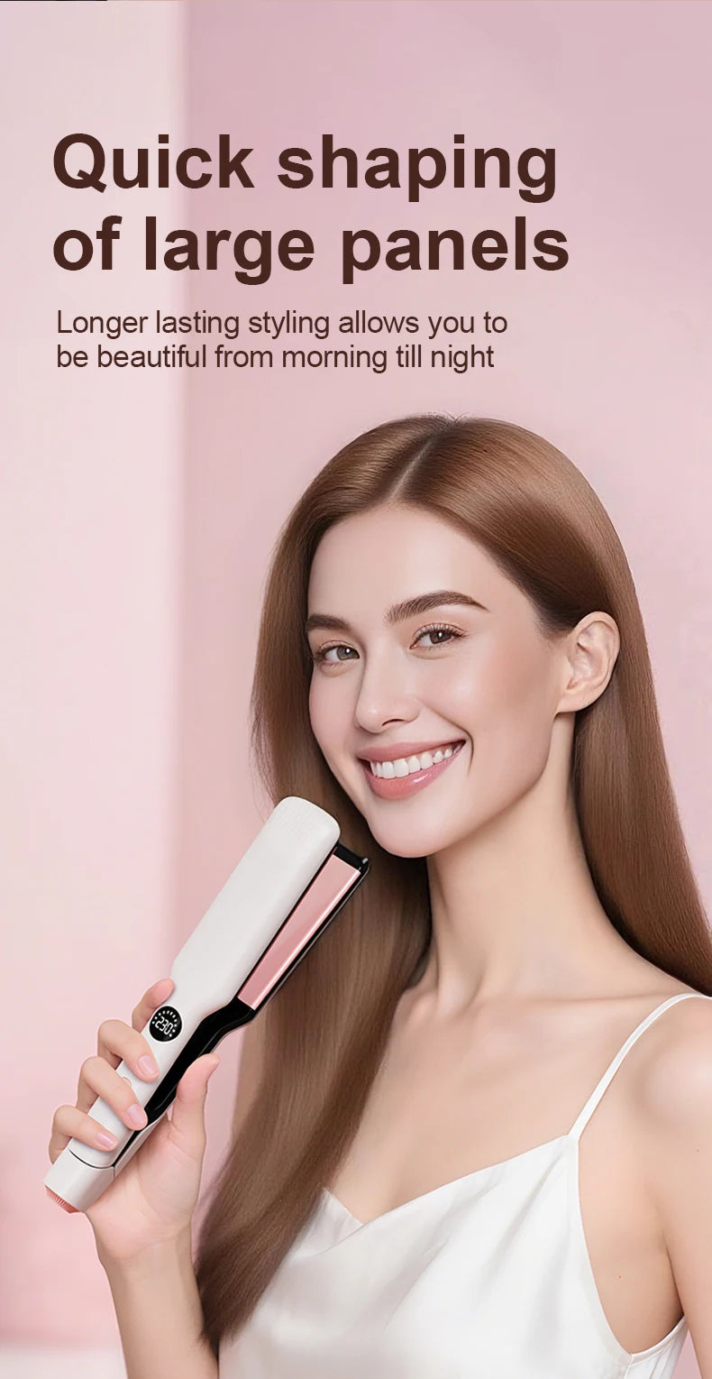 White hair straightener with wide rose gold plates and LED digital display held by woman for salon-quality styling.