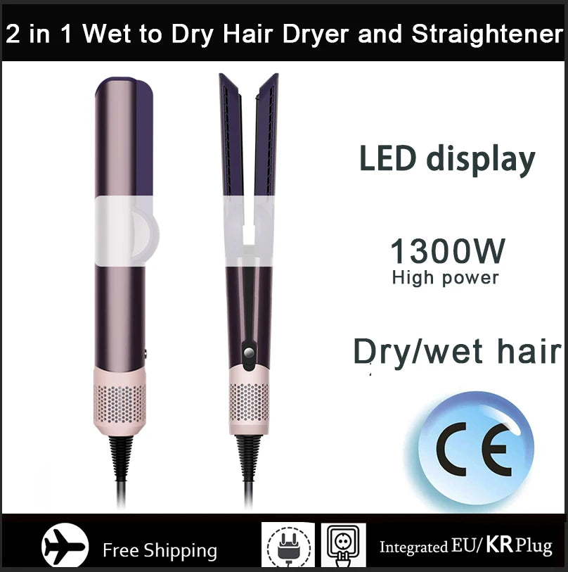 2-in-1 purple hair straightener and dryer with LED display, 1300W power, for wet and dry salon styling at home.