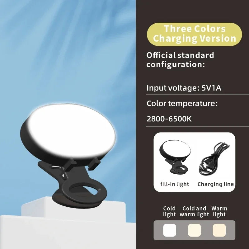 Round clip-on LED ring light for mobile phones, featuring three adjustable color temperatures and a USB charging cable.