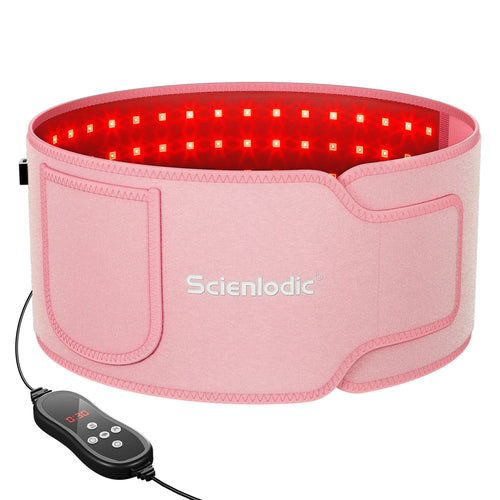 Pink wearable red light therapy belt device with LED lights for wellness pain relief and recovery therapy.