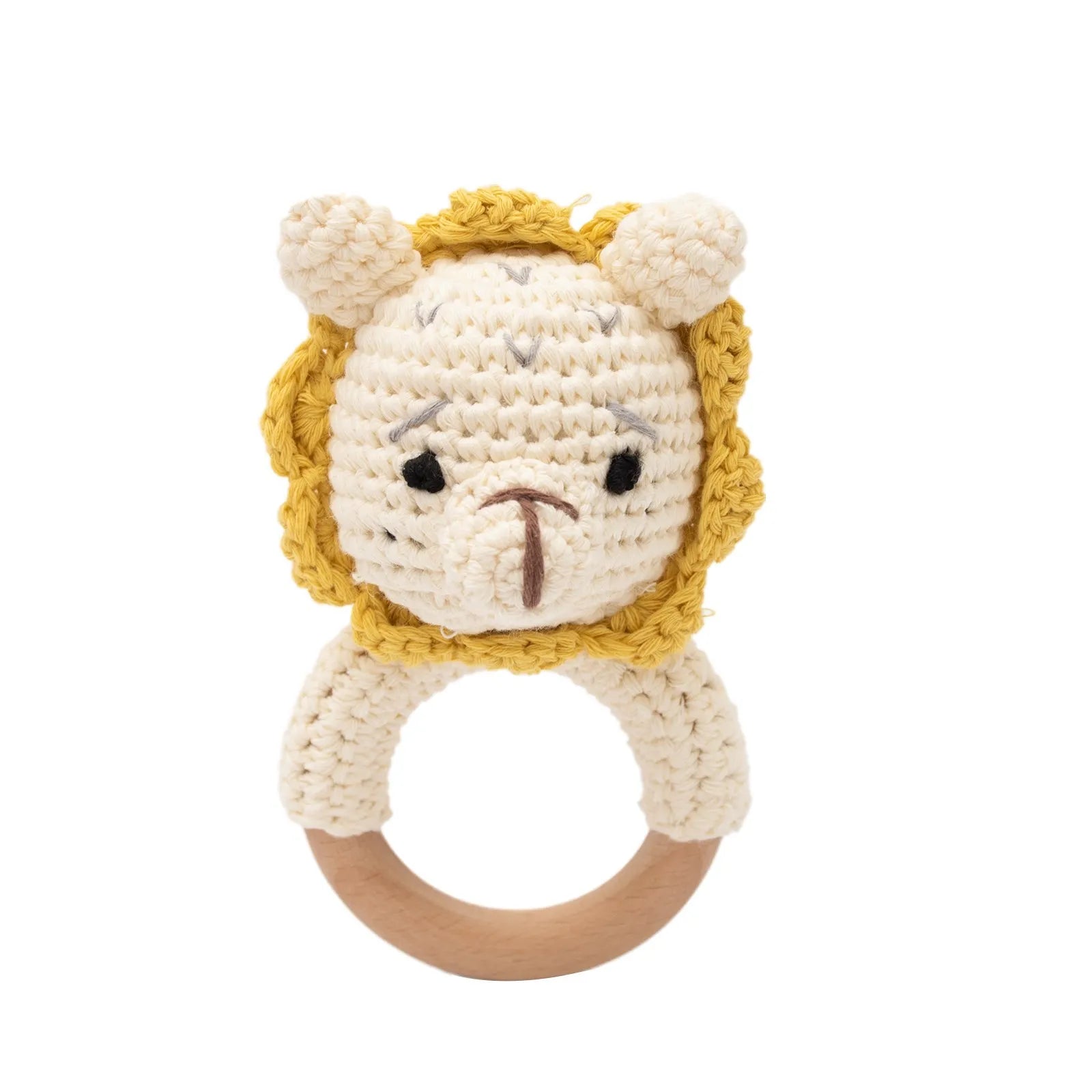 Yellow and cream lion teething ring made with natural wood and crochet cotton for baby teething relief.