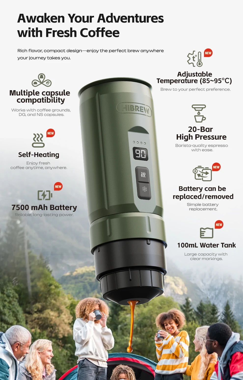 HiBREW portable espresso maker in green, features 100ml tank, self-heating, 20-bar pressure, and battery operation.