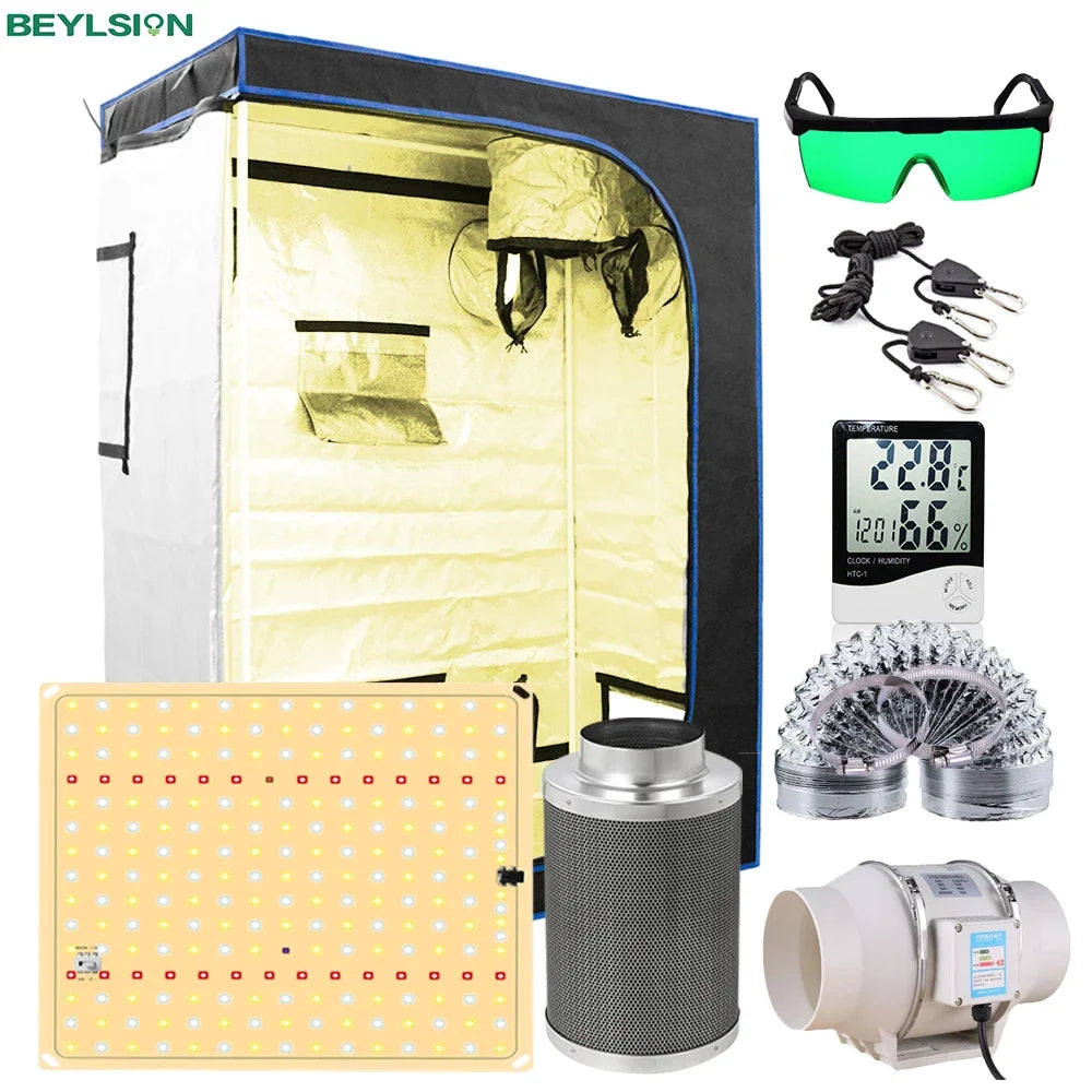 Grow tent kit with blue frame, yellow lining, LED panel, duct fan and controller