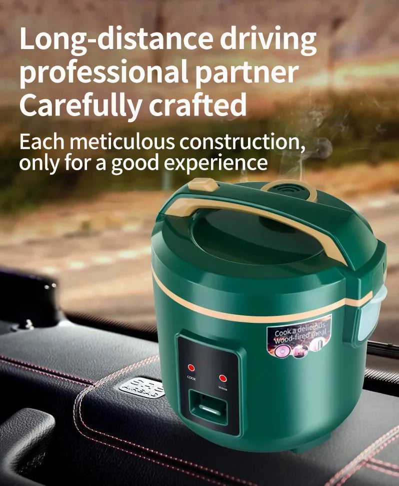 Green portable electric food warmer on car seat, lid handle and control lights visible