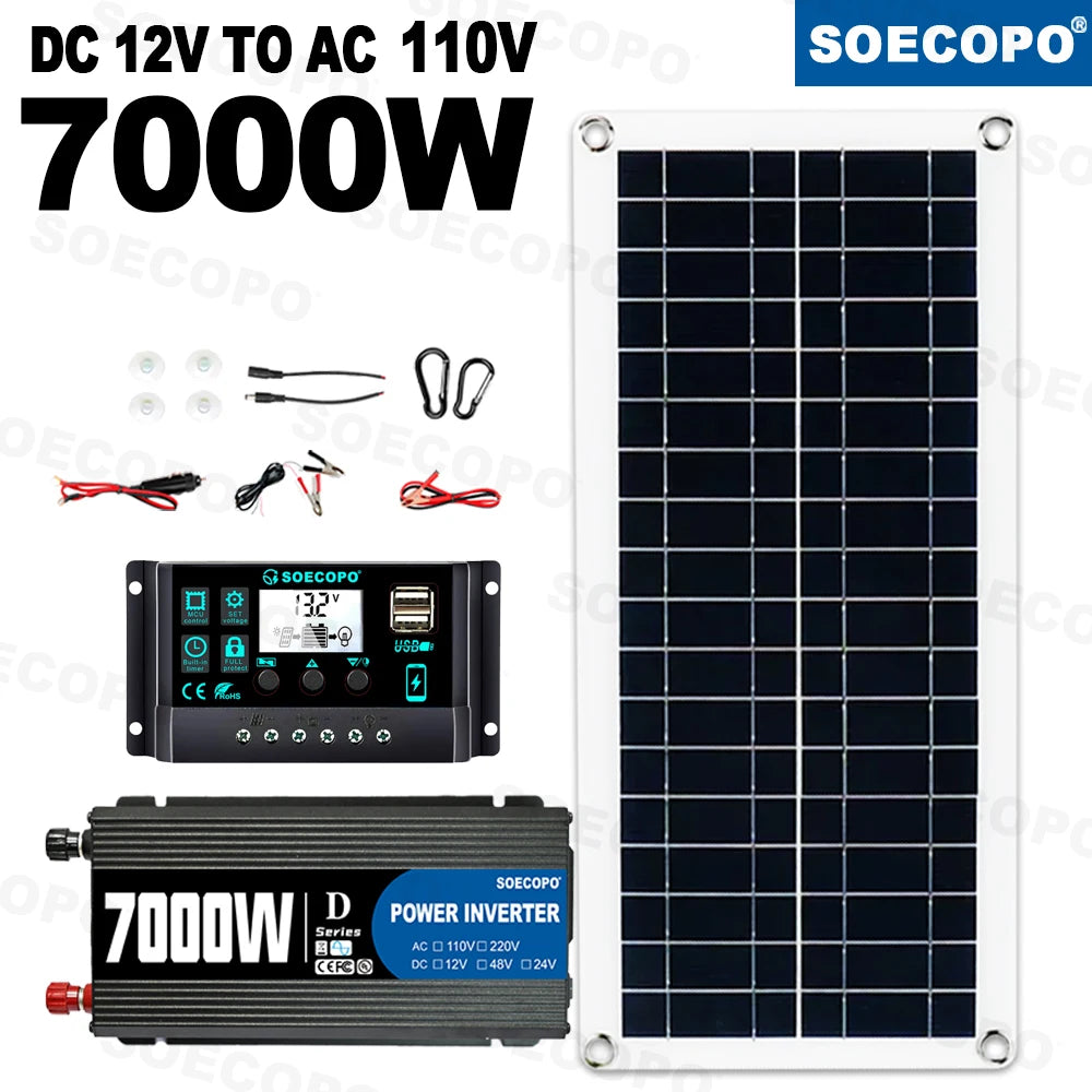 SOECOPO 7000W Peak Solar Power System Kit 200W Panel 100A Controller 12V To 110V 220V Inverter Generator for Camping RV Car Home