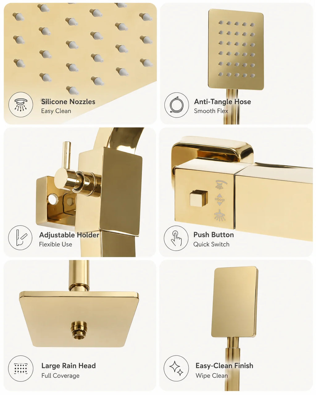 Thermostatic Shower System with Rain Shower Head, Gold Brass Shower Column Set, 304 Stainless Steel 180° Rotating Overhead Shower, 2-Button Temperature Control 0-176°F, Height Adjustable, Anti-Tangle Hose, for Hotel Home KT