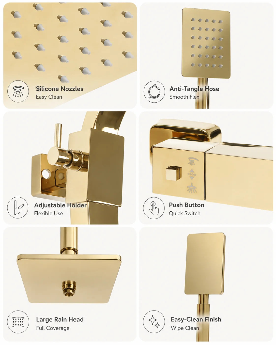 Thermostatic Shower System with Rain Shower Head, Gold Brass Shower Column Set, 304 Stainless Steel 180° Rotating Overhead Shower, 2-Button Temperature Control 0-176°F, Height Adjustable, Anti-Tangle Hose, for Hotel Home KT