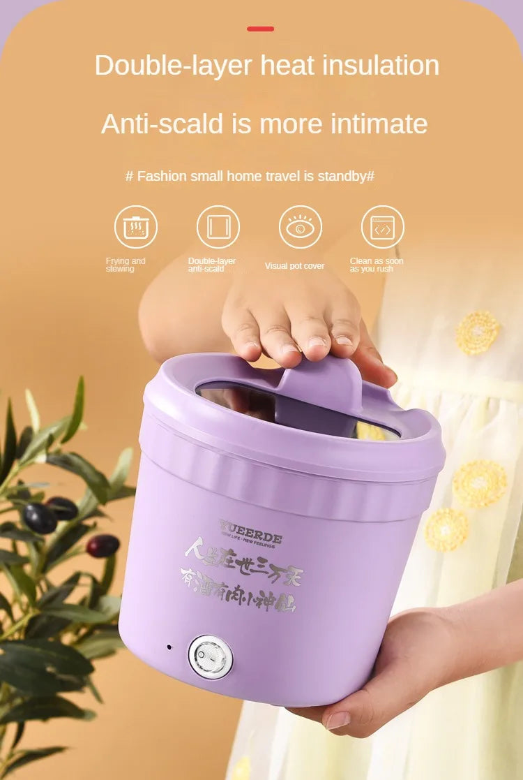 Purple handheld electric mini hot pot with lid and double-layer insulation graphic
