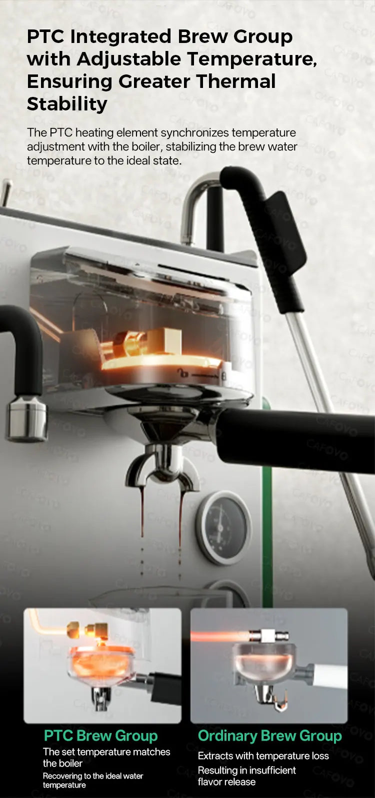 Cafovo stainless steel espresso machine with PTC integrated brew group for precise temperature control and stability.