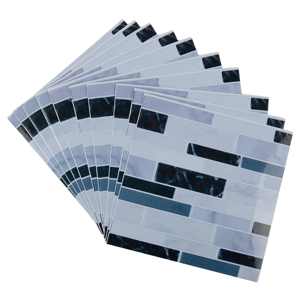 3D mosaic tile sticker sheets, light blue-white and black brick design, self-adhesive