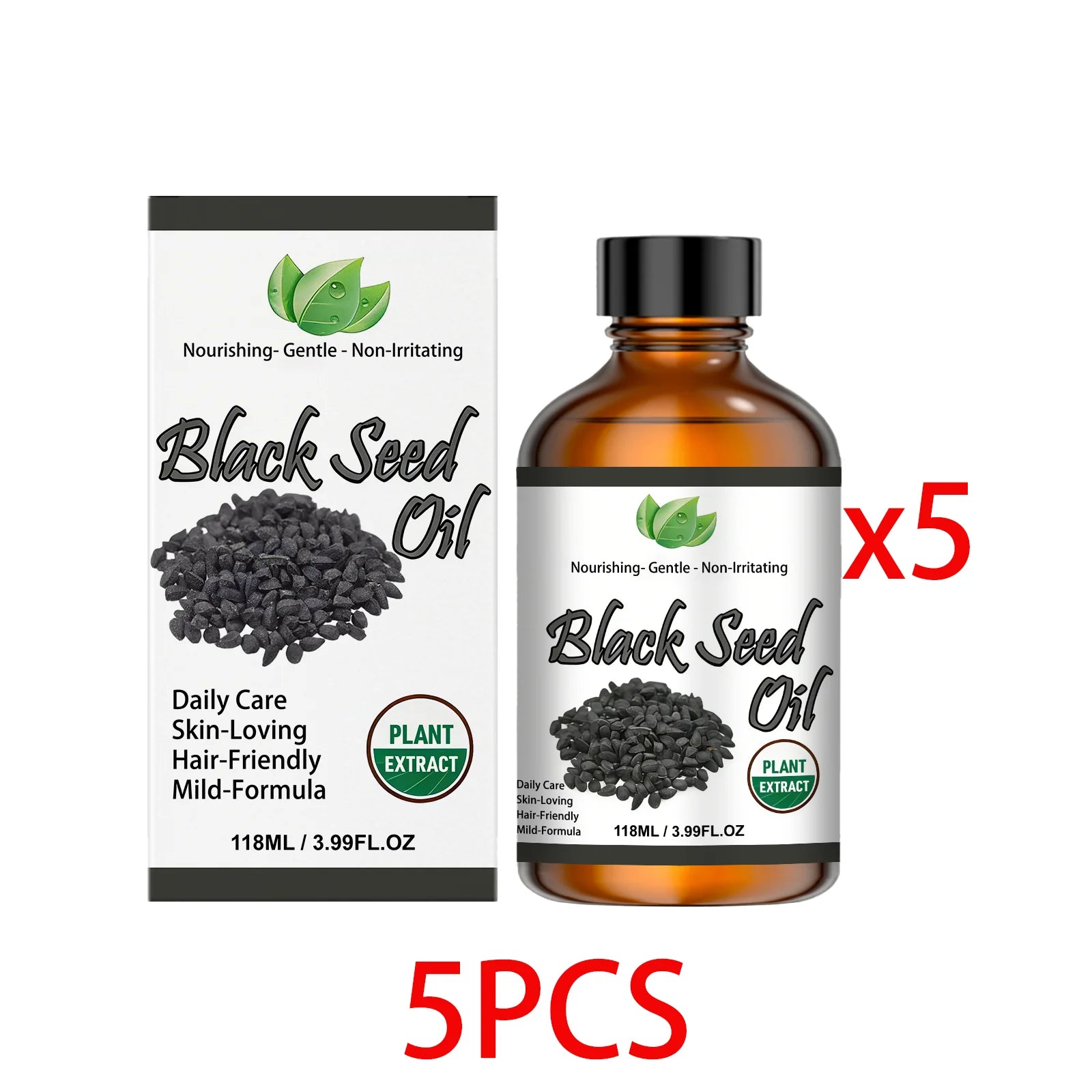 Set of 5 black seed oil essence bottle and box, plant extract design, 118 ml
