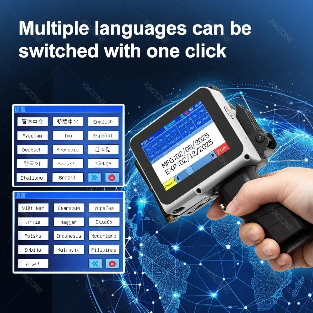 Handheld mini inkjet printer with multi-language selection screen, blue and black body