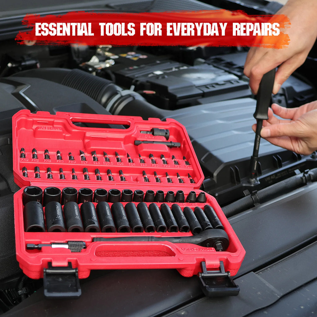 SEDY 64-Piece 1/4" Drive Impact Socket Wrench Driver-Bits Set Cr-V Metric&SAE Deep and Shallow Socket Set S2 Power Bits