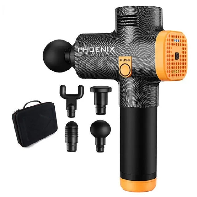 Black and orange handheld percussion massage gun with four interchangeable heads and a black carrying case.