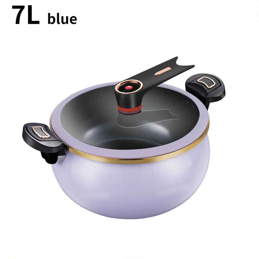 7L micro pressure cooker with blue pot and glass lid, gold rim, copper-accent control knob