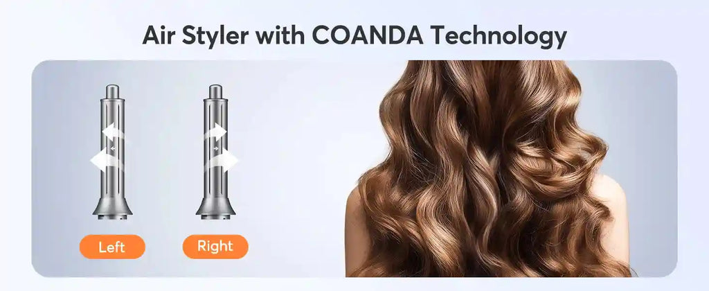Bopcal 5-in-1 hair dryer: silver curling iron attachments showing Coanda technology airflow for wavy hair styling.