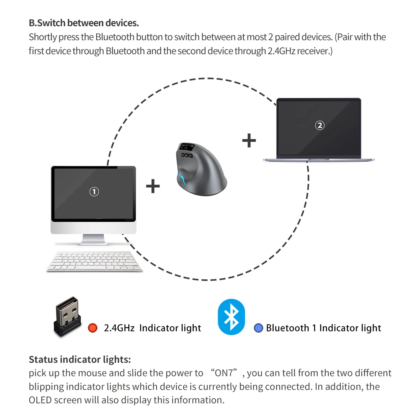 ZELOTES F-26C Mouse Rechargeable display dual-mode wireless mouse with silent 2.4GHz BT gray mouse