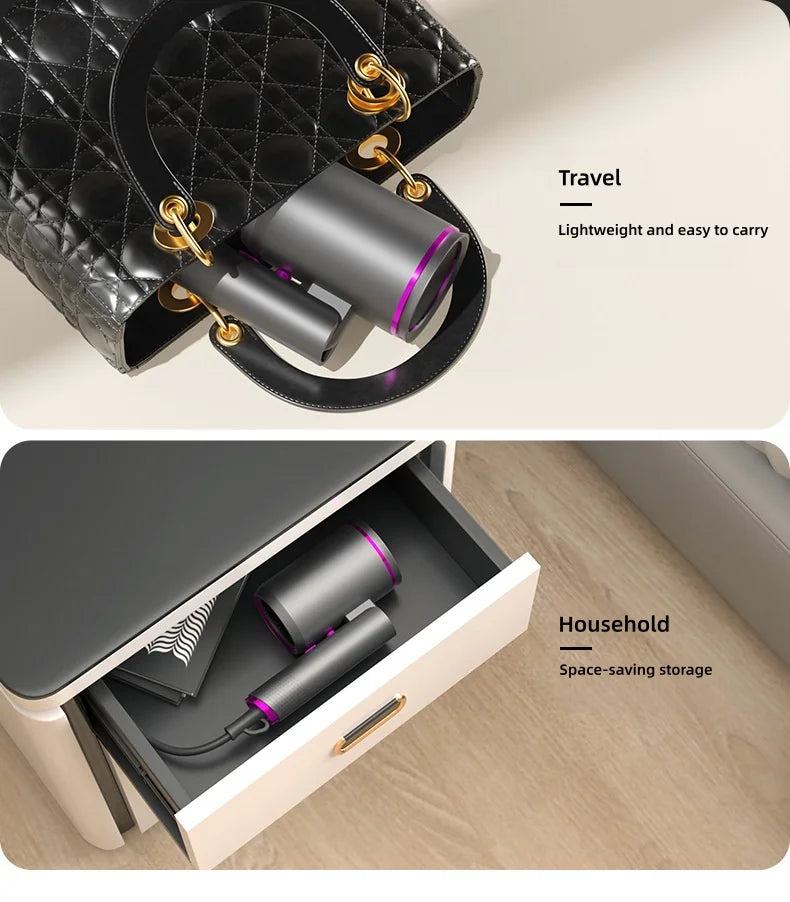 Foldable 2400W hair dryer in grey with purple accents, stored in a travel bag and drawer for compact portability.