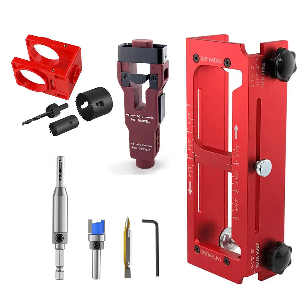 Burgundy door latch mortise tool with included bits, adapters, and hex tools