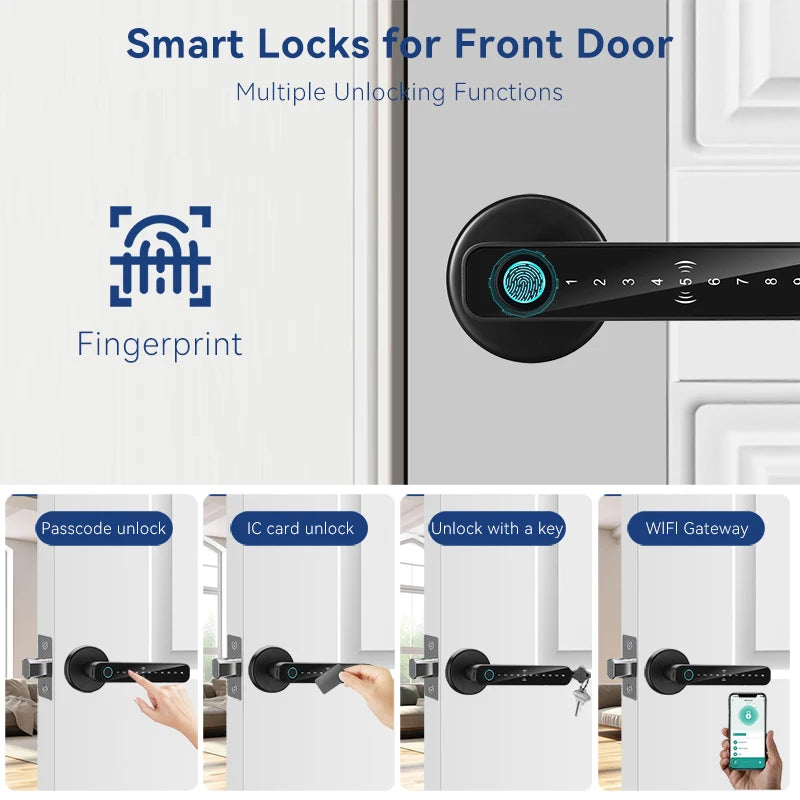 XSDTS Smart Door Lock Electronic Biometric Fingerprint Smart Card Password Key Unlock USB Tuya APP Emergency Charge lock