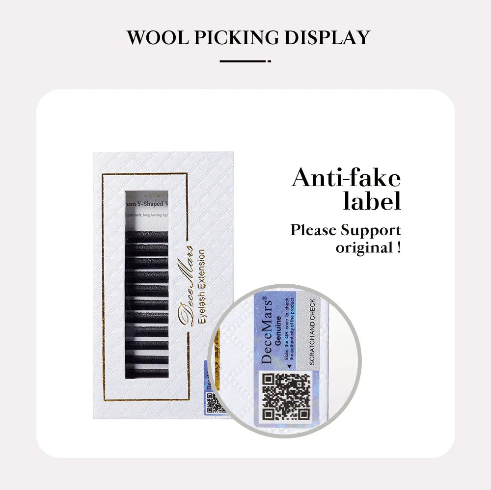DeceMars black YY eyelash extension tray in white packaging with a holographic anti-fake verification QR code label.
