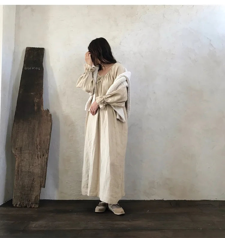 Original New Spring Vintage Cotton Linen Dress for Women Solid Long Sleeve Drawstring Linen One-Piece Dress Maxi Dress