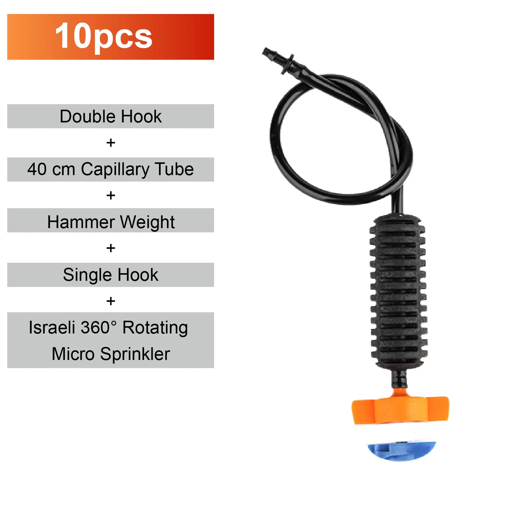 Hanging rotating micro sprinkler with black tube, single hook, and orange sprinkler base