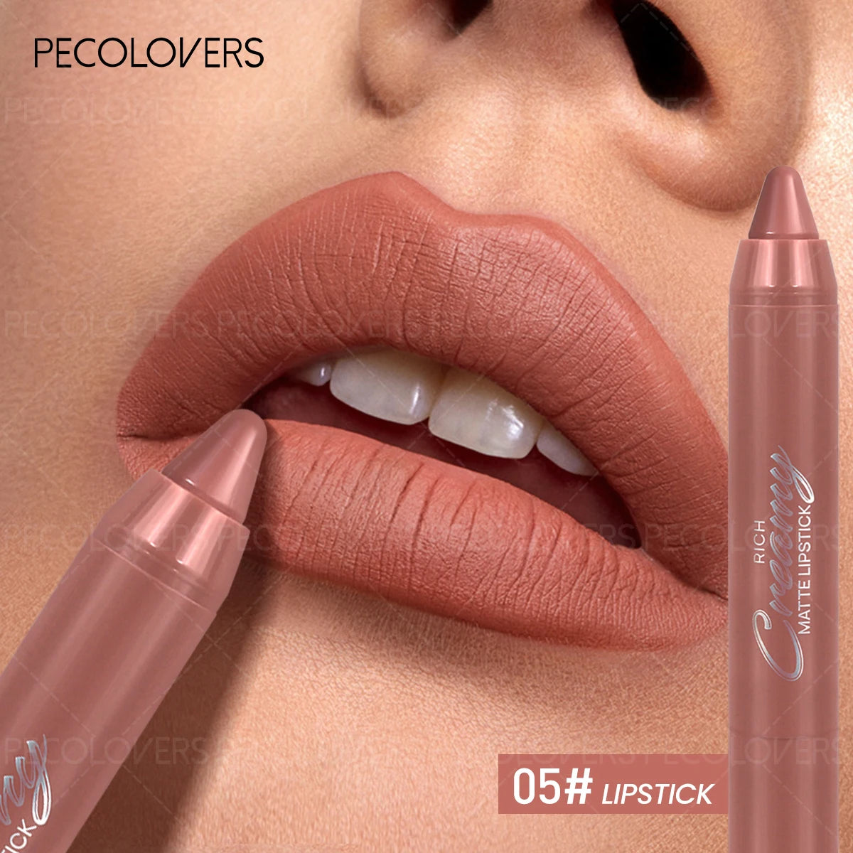 Soft matte nude lipstick crayon, shade 05, moisturizing creamy formula for everyday lip makeup look.