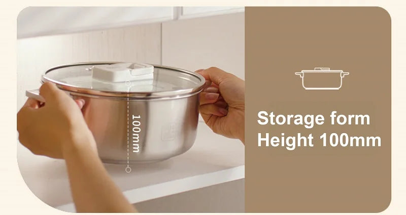 Portable electric hot pot with stainless steel inner bowl and clear lid, being put away